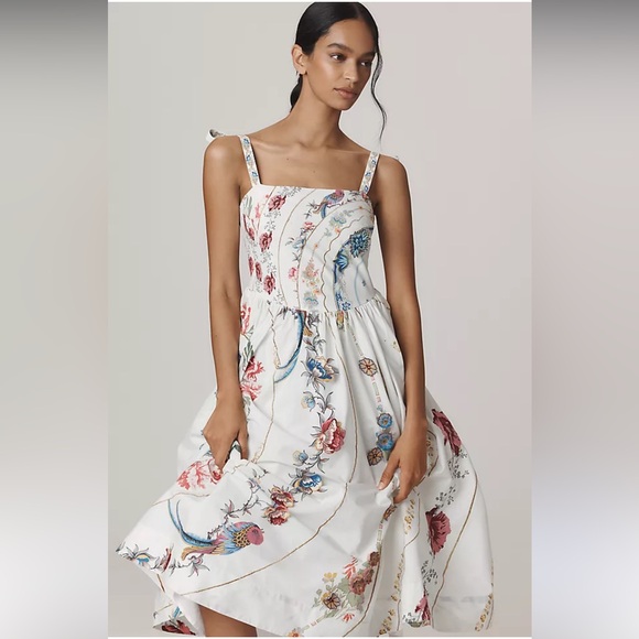 Anthropologie Maeve White Floral Tie-Strap Midi Dress -  threedaughtersproperties.com